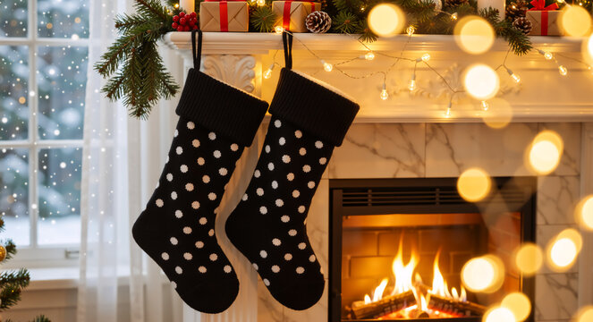 Black and white polka dot Christmas stockings hanging on a decorated fireplace. Cozy festive home interior with a burning fire and snow outside. Winter holiday celebration