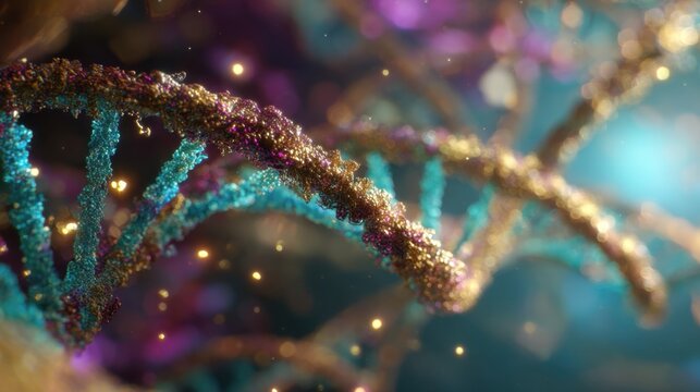 Close-up of a colorfully illuminated DNA double helix structure under a microscope