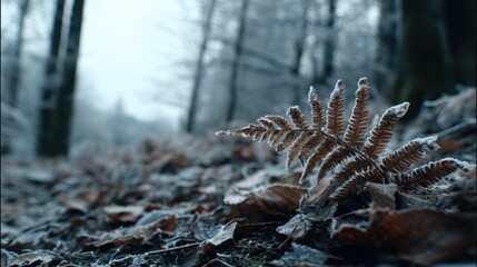 Winter Forest Scene with Frosted Fern and Leaf Litter on Cold Ground