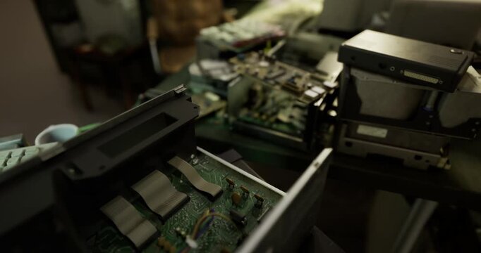 A cluttered workbench is filled with various circuit boards, old electronics, and tools. The scene is dimly lit, creating an atmosphere of a busy tech workshop during the day.