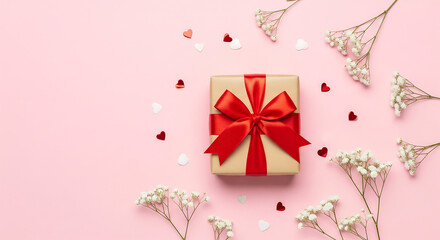 Gift box with red ribbon and dried flowers on pink background with hearts