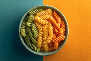 Colorful Fusilli Pasta in Bowl on Dual-Color Background – Modern Food Composition