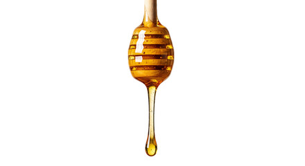 Golden honey dripping from a wooden dipper isolated on white background