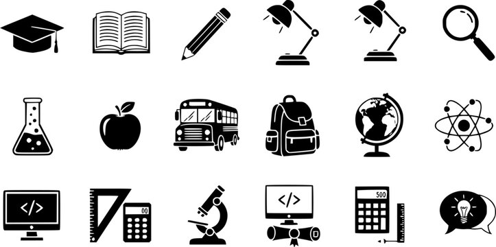 Education and learning icons isolated on white background, a collection of educational symbols
