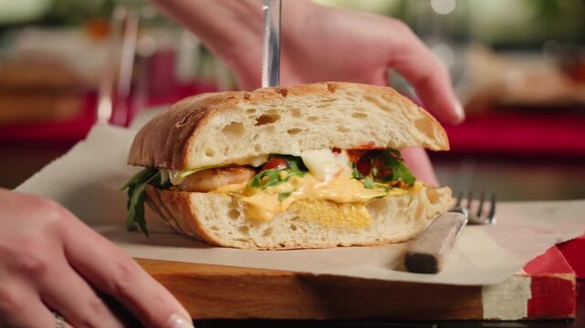 Fish sandwich foccacia with prawns, delicious homemade spicy shrimp sandwich with lettuce, tomato, and tartar sauce.