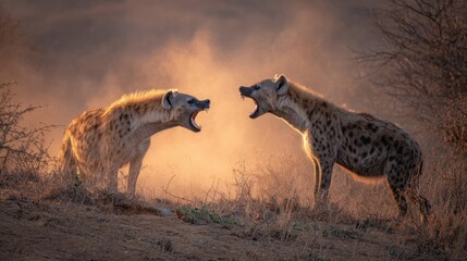 Two Hyenas Facing Off in a Heated Confrontation at Sunset in the Wild
