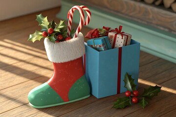 Festive christmas stocking, candy canes, gifts, holly, wooden floor