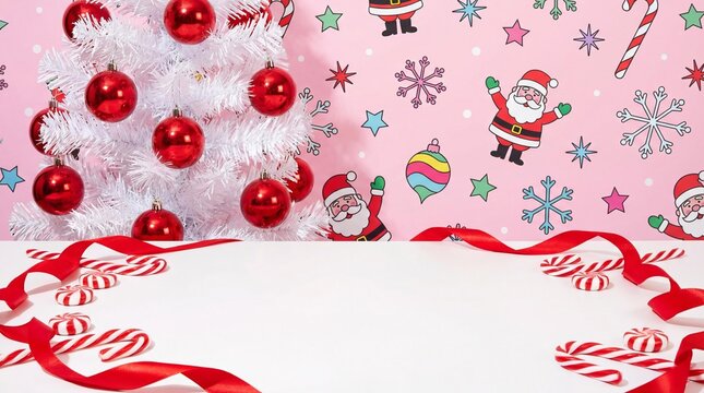 Christmas: White tree, red ornaments, pink background with Santa, snowflakes, candy canes. Red ribbon, peppermints on white for display.