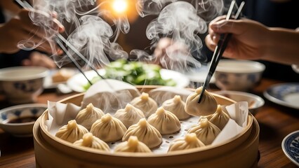 Friends enjoying a shared meal of hot, steaming soup dumplings from a traditional bamboo steamer.