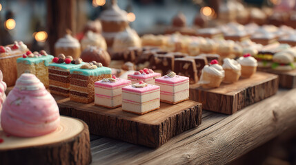 Petit pink and turquoise layered cake square with cream and berry garnish on rustic wooden serving board at dessert buffet, colorful assorted pastries arranged for celebration and cozy display