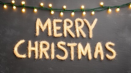 Christmas festive scene: 'MERRY CHRISTMAS' string letter glowing gently, paired with warm fairy light above on dark textured background. Ideal for holiday wallpaper, poster or banner