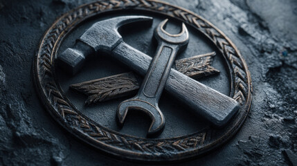 Fototapeta premium Industrial hammer and wrench emblem carved in metal, close up texture of tool symbol with laurel accent, moody dramatic lighting and worn patina conveying craftsmanship and repair