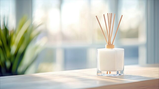 A clear glass reed diffuser filled with white liquid and wooden sticks sits on a wooden surface. A blurred green plant is visible to the left, with a bright, su
