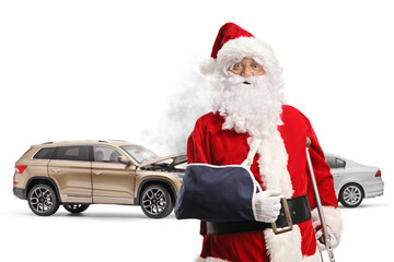 Santa Claus injured in a car crash standing with a crutch