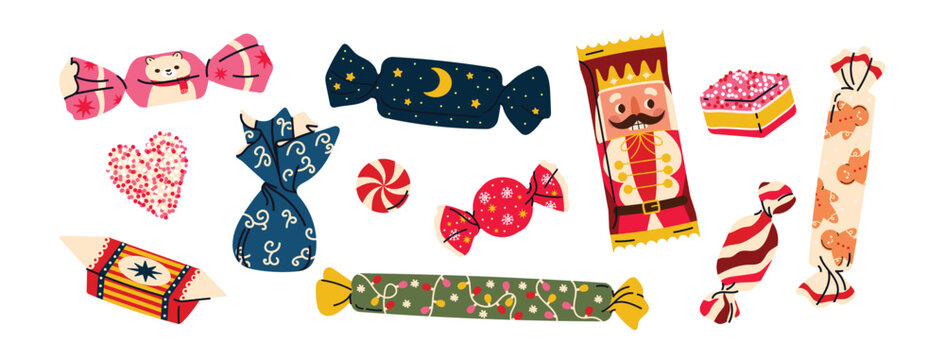Christmas candy set in festive wrappers. Holiday sweets with gingerbread, stars, lights, bears, and nutcracker designs. Colorful treats for gifts, decor, and tree ornaments. Flat vector illustration 