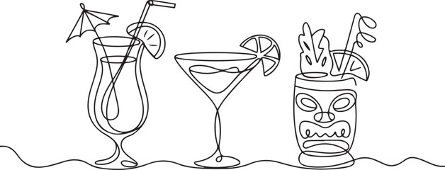 continuous line drawing exotic cocktail drinks. one line Icon drawing