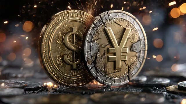 cracked golden dollar coin facing a rising yuan coin in a dark financial arena, sparks flying as they collide, background of trade embargo icons and tariff barriers