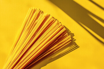Spaghetti on Bright Yellow Background – Minimalist Food Composition with Long Shadows