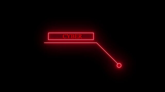 Neon red glowing text box with the word cyber inside, featuring a callout line pointing to a small circle on a black background, perfect for technology or security themes