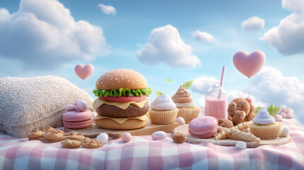 Playful picnic scene with burger, cupcakes, macarons and milkshake on pastel check blanket under fluffy clouds, whimsical props and lighthearted atmosphere