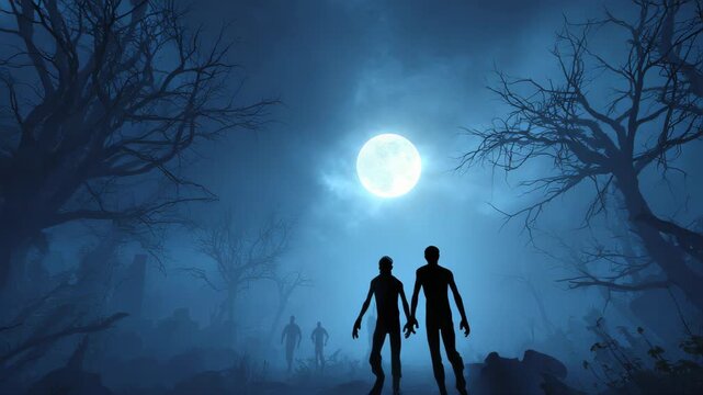 Creepy Zombies Walking in Haunted Forest under Full Moon