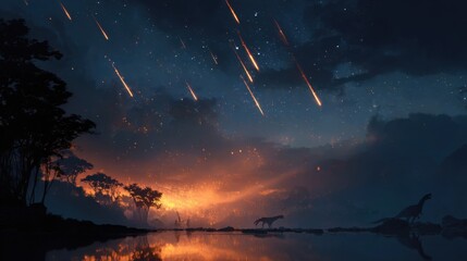 Dinosaurs Roaming Under a Meteor Shower Over a Prehistoric Landscape at Night
