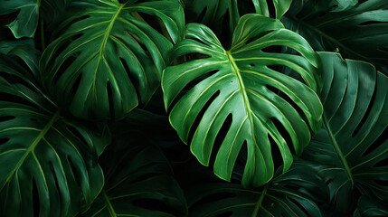 Close up shot of several large green monstera leaves with distinct fenestrations and veins