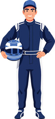 Naklejka premium Character portrait art of a focused race car driver wearing his fire-resistant overalls, standing with one hand on his hip, prepared for the demanding track competition