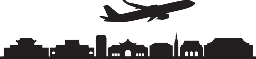 Tuyen Quang Vietnam Cityline Skyline With Airplane. Vector black silhouette
