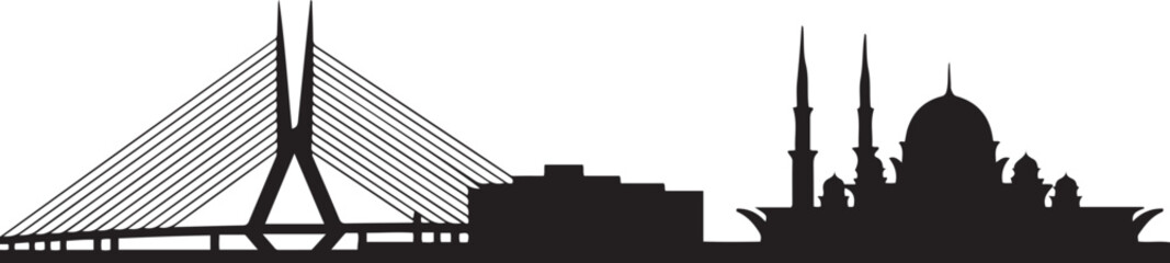 Putrajaya Skyline Silhouette with Cable Stay Bridge and Mosque. Vector black silhouette