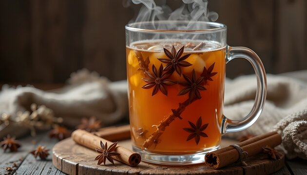 A glass mug of hot apple cider with cinnamon sticks and star anise, winter spices, steaming effect, cozy rustic background.