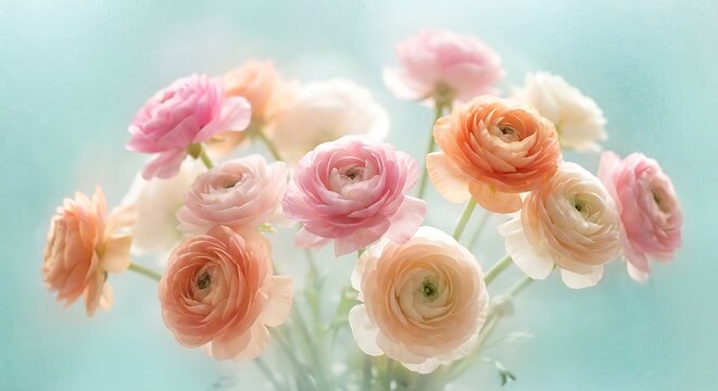 A soft focus bouquet of delicate pastel colored ranunculus flowers in shades of pink, peach, and cream against a light blue, airy background
