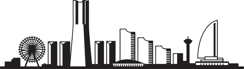 Yokohama Skyline Line Art with Japan Cityscape. Vector black silhouette