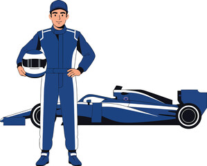Naklejka premium Smiling race car driver standing confidently in a deep blue racing suit and matching cap, holding his helmet next to his sleek race car