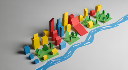 Paper Cityscape Illustration: Miniature Urban Landscape with Colorful Buildings, Houses, Trees, and a Winding Blue River