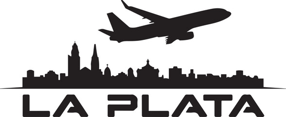 La Plata Skyline with Airplane and Text. Vector black silhouette