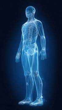 A striking, full-length, X-ray style representation of male human body, displaying skeletal structure and intricate outlines of nervous and vascular systems in blue light. Medical, biological concept