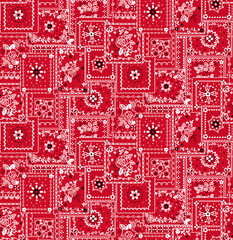 Vibrant red bandana pattern with elegant floral designs evokes a timeless Western style, perfect for adding a touch of rustic charm and vintage flair