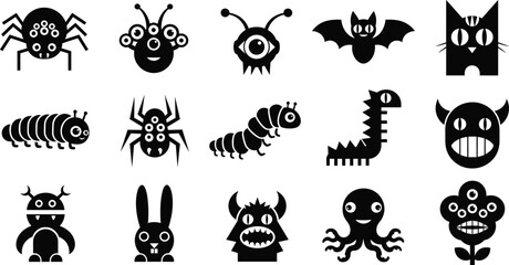 Set of Black Silhouette Vector Icons of Funny Monsters, Strange Creatures, Bugs, and Cartoon Animals, Including Spider, Alien, Bat, Cat, Caterpillar, and Devilish Characters