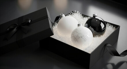 Open black gift box containing white and black Christmas baubles. Dark festive present with ribbon and bow. Gothmas and gothic holiday style