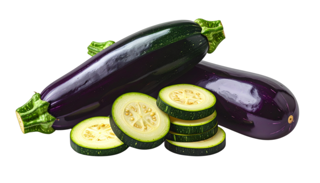  Sliced Zucchini and Whole Glossy Eggplant Combination isolated on transparent background
