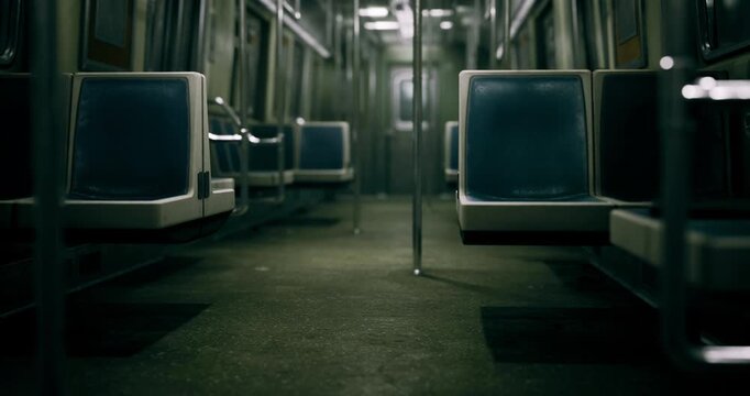 An empty subway train interior showcases vacant blue seats and a dimly lit atmosphere. The floor appears worn, suggesting a long period of disuse. A lonely mood fills the space.