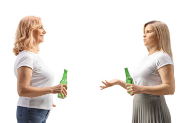 Women holding bottles of beer and talking