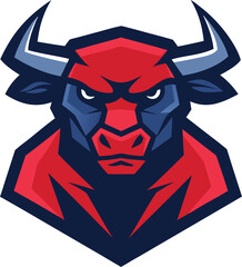 Stylized red and blue bull head logo, aggressive mascot design