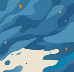 Fluid Blue Abstraction with Golden Sparkles. seamless pattern with fishes and waves.