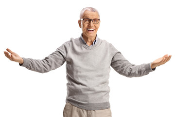 Elderly gentleman standing with a arms wide open and smiling
