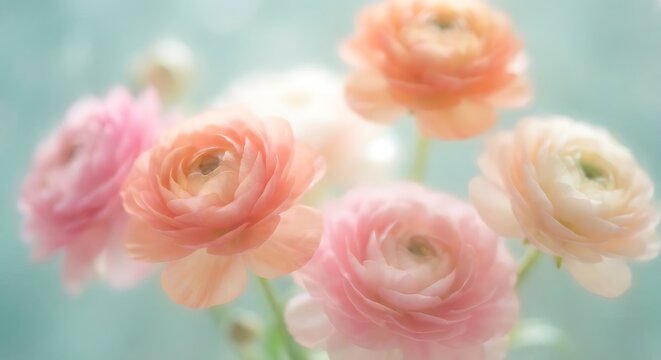 Soft focus closeup of delicate ranunculus flowers in pastel shades of pink, peach, and cream against a light teal background - Powered by Adobe