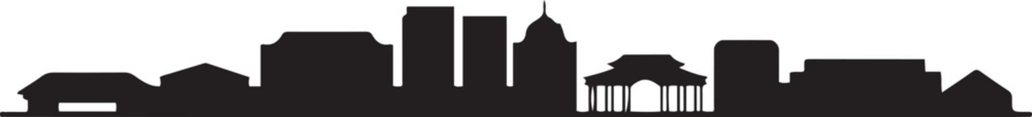 Kuching city skyline outline with airplane and dashed line. Vector black silhouette