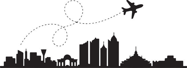 Obraz premium Kuching city skyline outline with airplane and dashed line. Vector black silhouette
