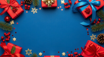 Festive Christmas background with red gift boxes holiday decorations and sparkling ornaments on blue